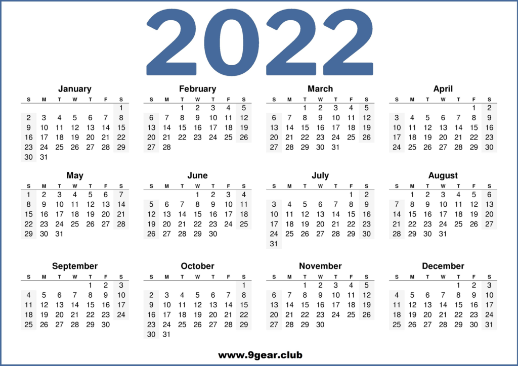 2022 Calendar Printable US Blue White