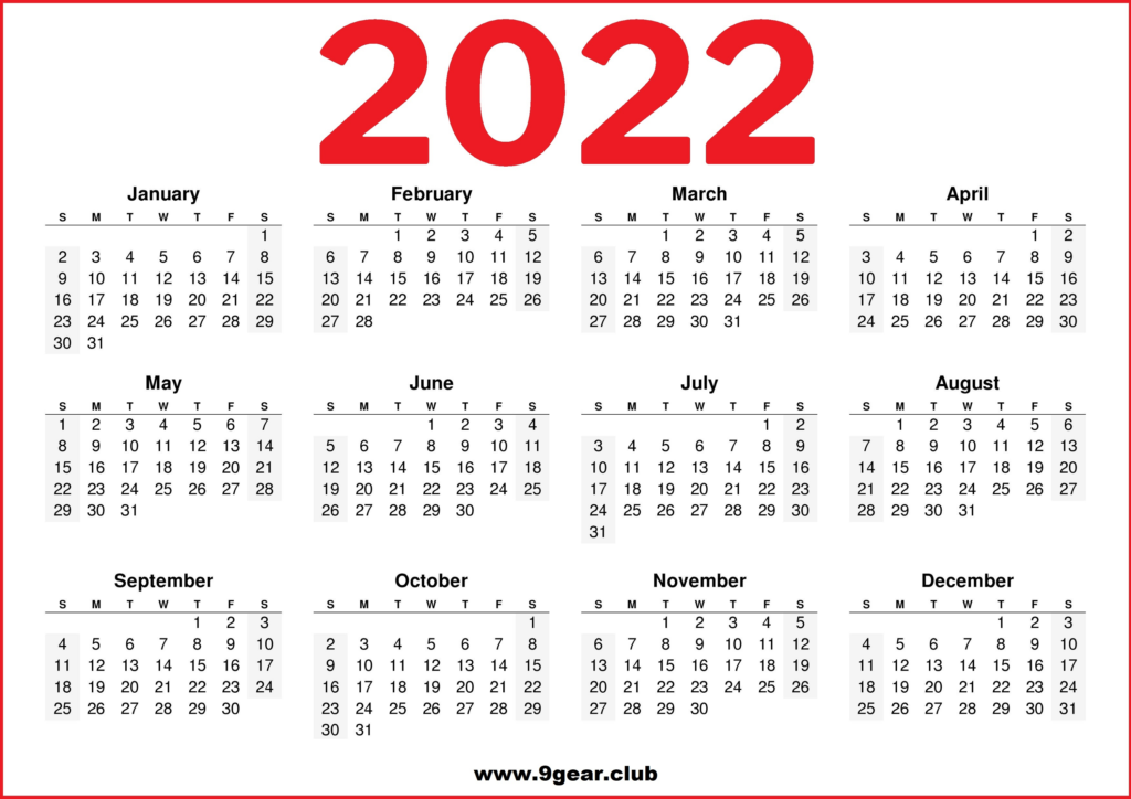 2022 Printable Calendar US Red One Page