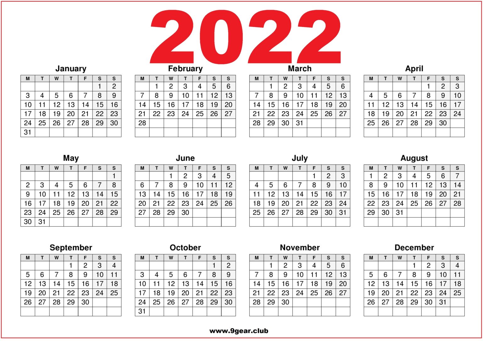 uk calendar 2022 printable red and white printable