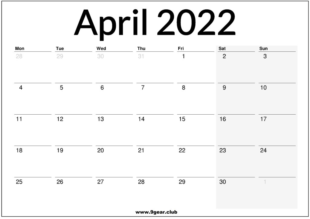 April May June 2022 UK Calendar Printable