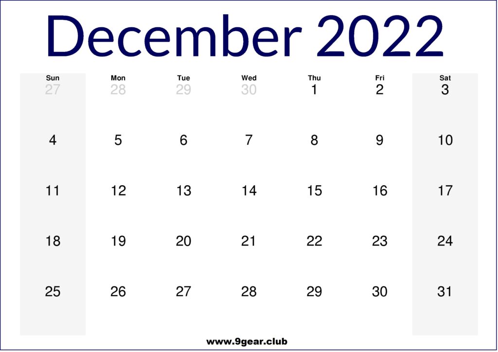 December 2022 US Calendar Printable