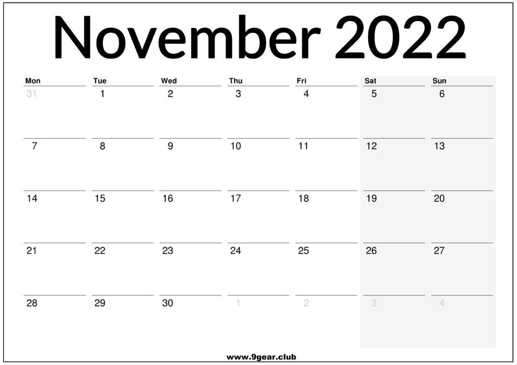 November 2022 UK Calendar Printable