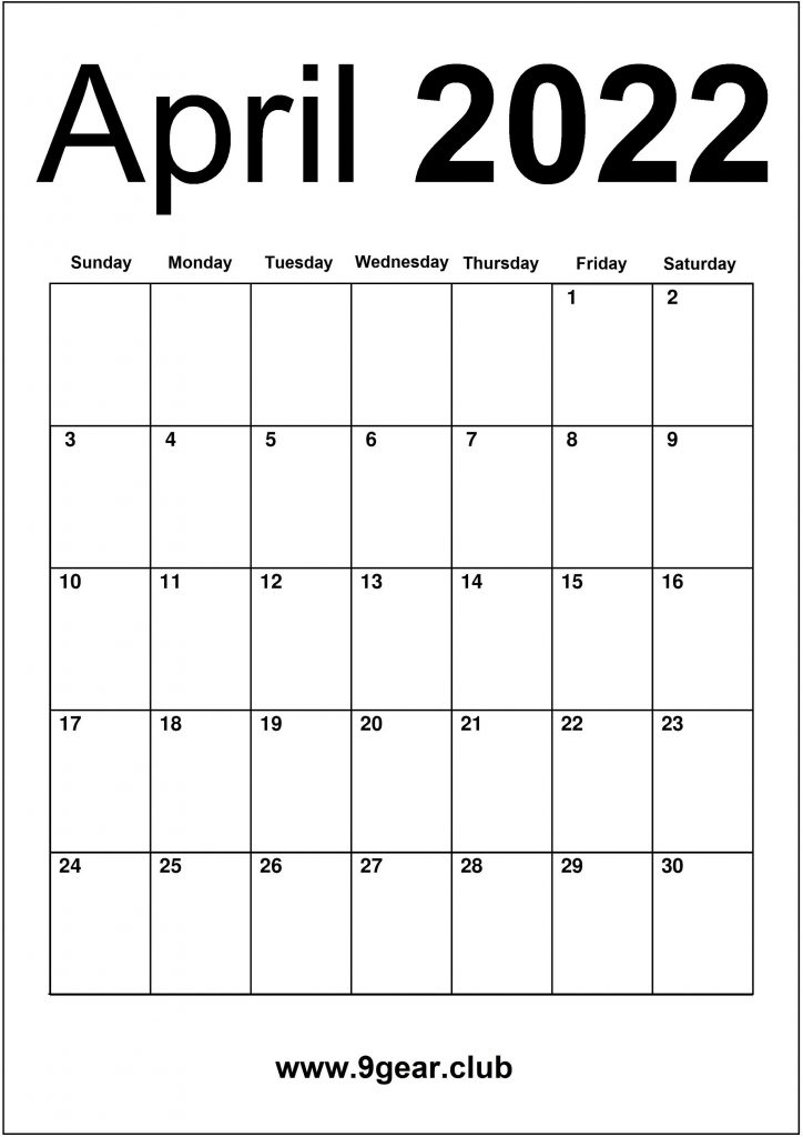 April Free 2022 Calendar Blank