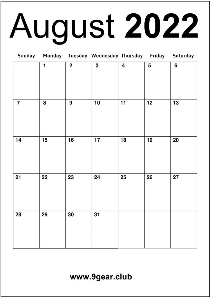 August 2022 Blank Calendar Monthly August