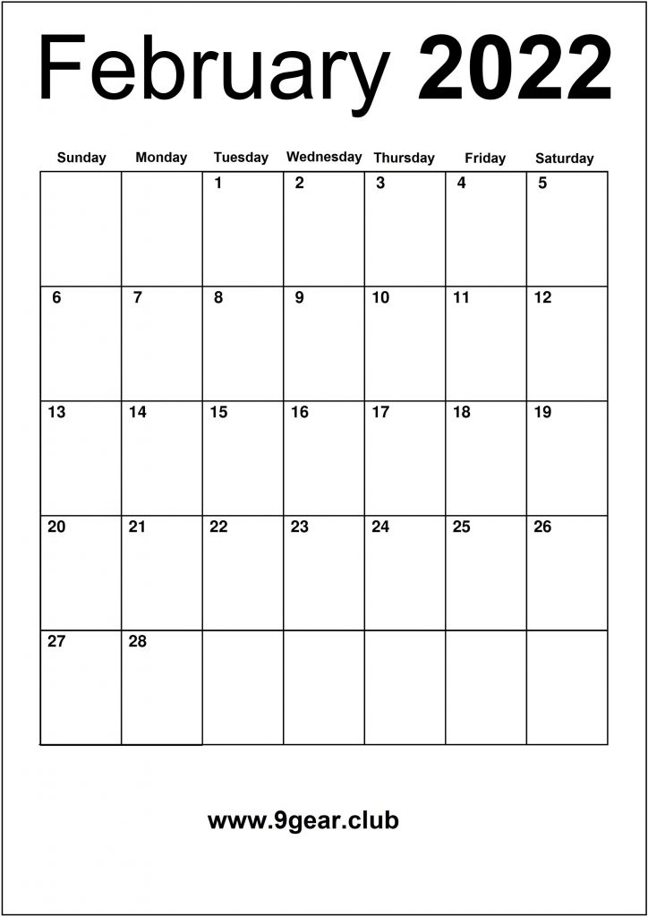 Blank February 2022 Calendar Monthly