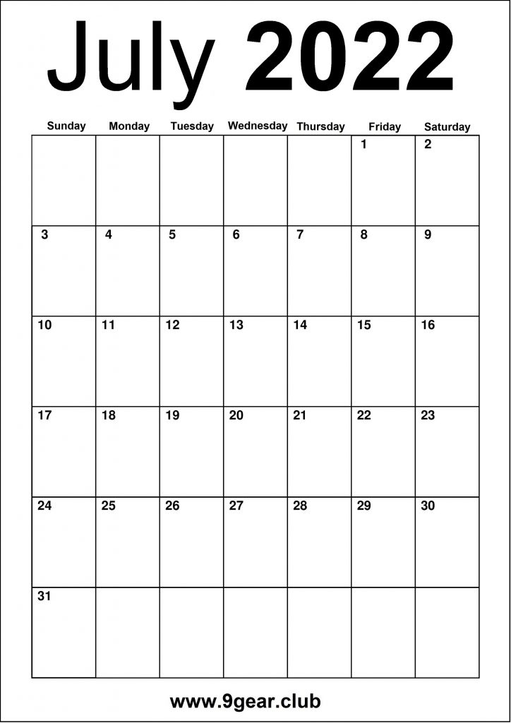 Blank Monthly July 2022 Calendar Vertical