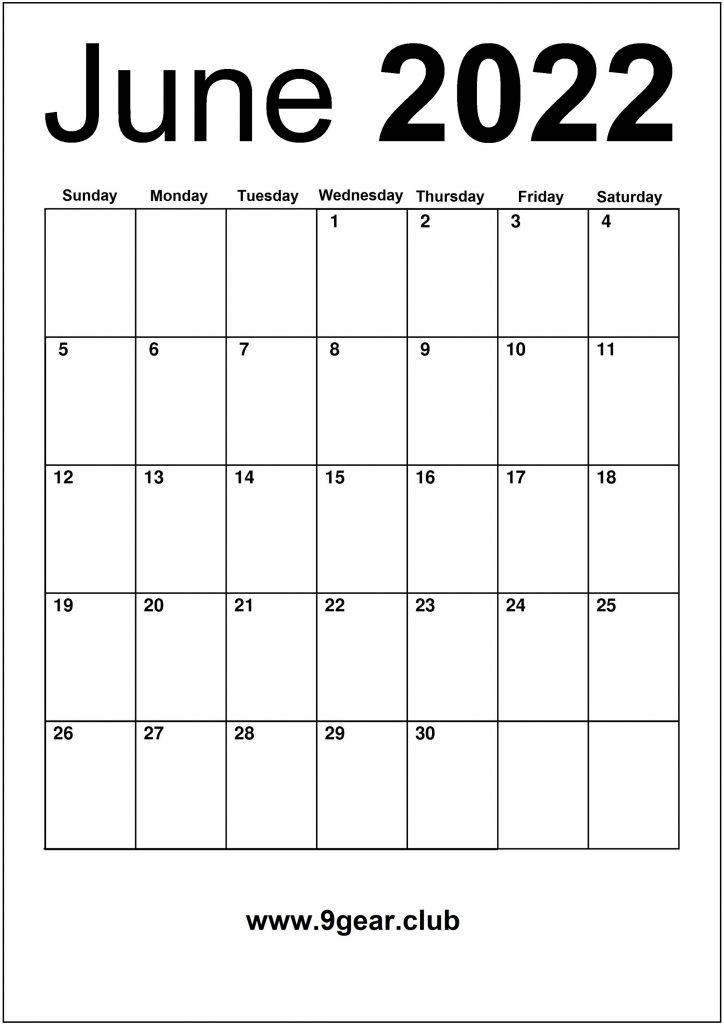 Free Blank Monthly Calendar 2022 June