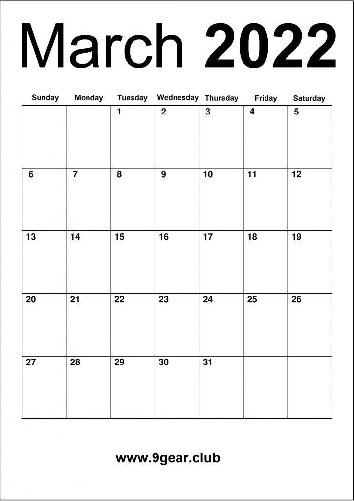 March Blank Free 2022 Calendar Vertical