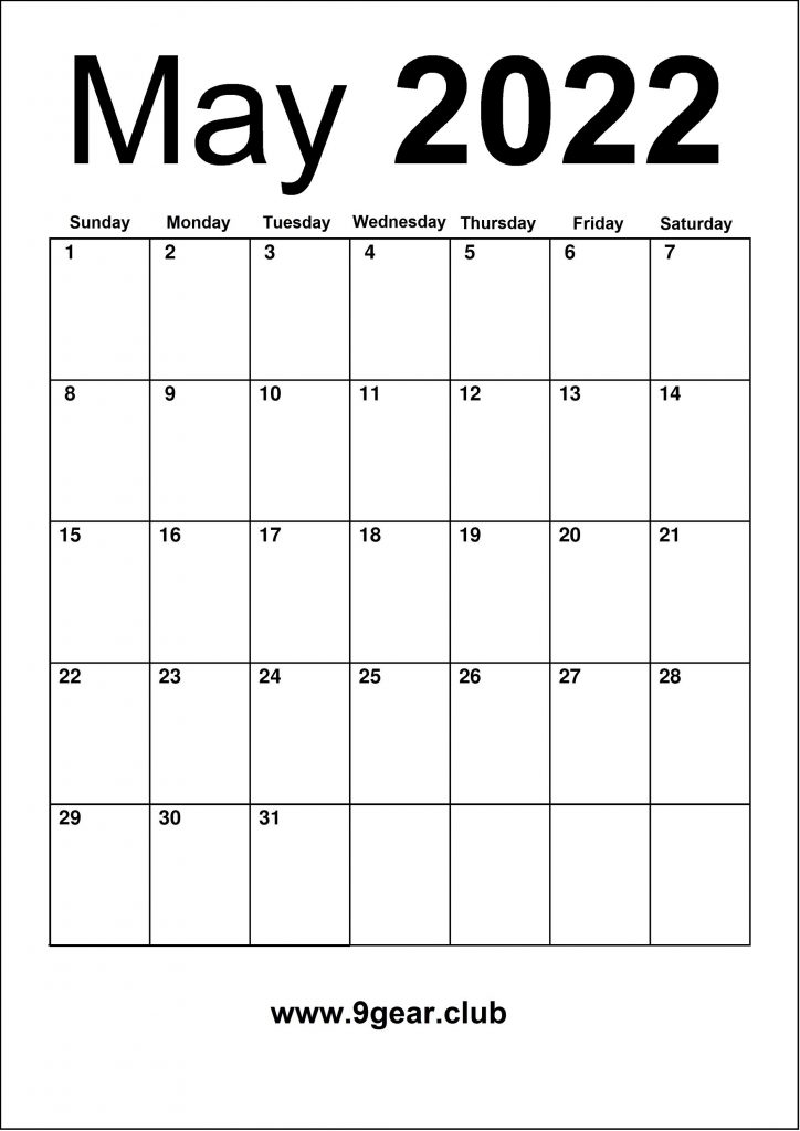 Print Blank Monthly May 2022 Calendar Free